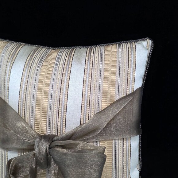 Vintage Small Striped Accent Throw Pillow Ribbon Bow Accent By Woof & Poof 10" - Picture 4 of 14